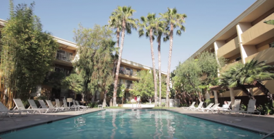 Pool with palm trees and benches