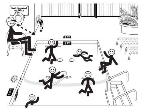 black and white illustration of children in a pool.