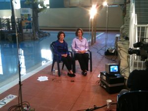 Co-founder of Abbey’s Hope and Abbey’s mother, Katey Taylor, discusses water safety with former CPSC Chairman Inez Tenenbaum during a TV interview in September 2010.