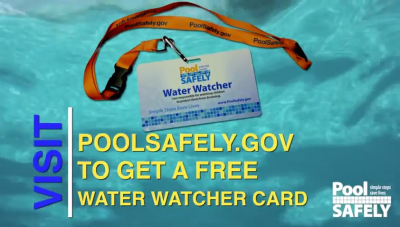 pool safely water watcher card and lanyard over a pool background.