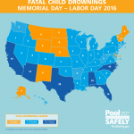 map of the number of drowning deaths per state for the summer of 2016.