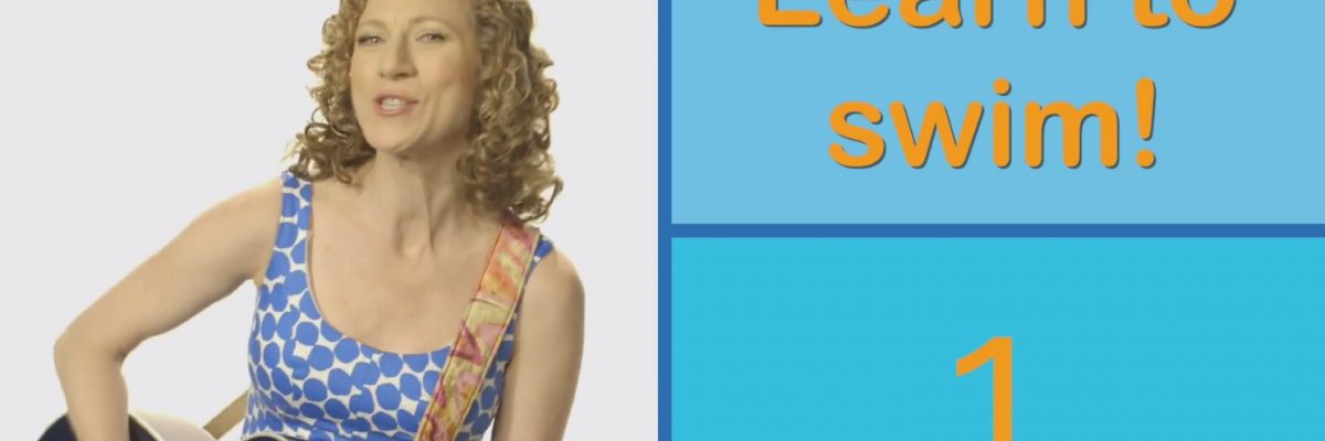 woman playing guitar with a graphic that says 1, learn to swim.