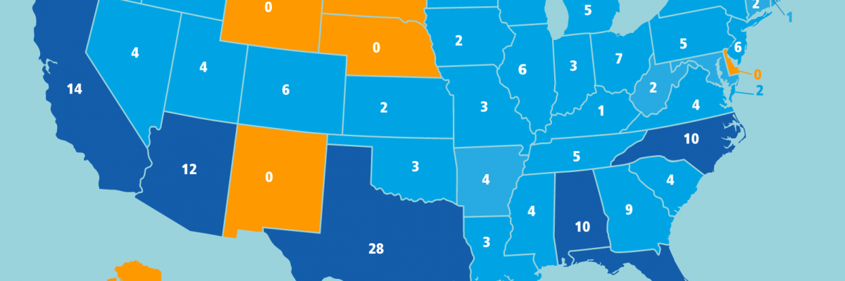 map of the number of drowning deaths per state for the summer of 2016.