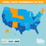map of the number of drowning deaths per state in 2016.