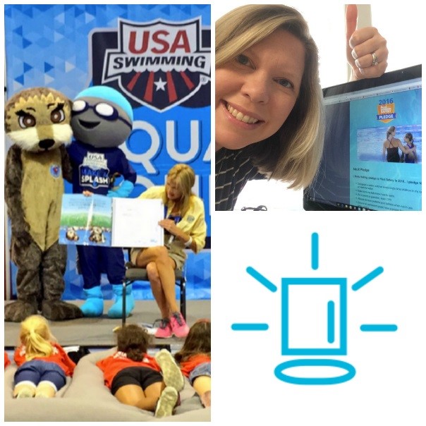 a women taking a selfie with the pool safely pledge and an image showing a women reading the pool safely book to kids