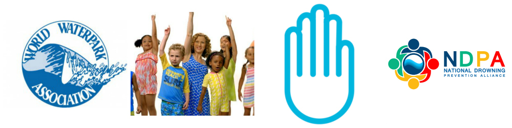 the NDPA logo, world waterpark association logo, a graphic of a hand and a woman dancing with a group of kids.