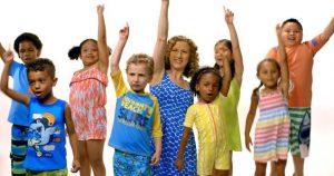 group of kids and laurie berkner in the pool safely song music video.