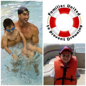 Michael Phelps with a child in the water, a child with a life vest on, and the families united to prevent drowning logo.