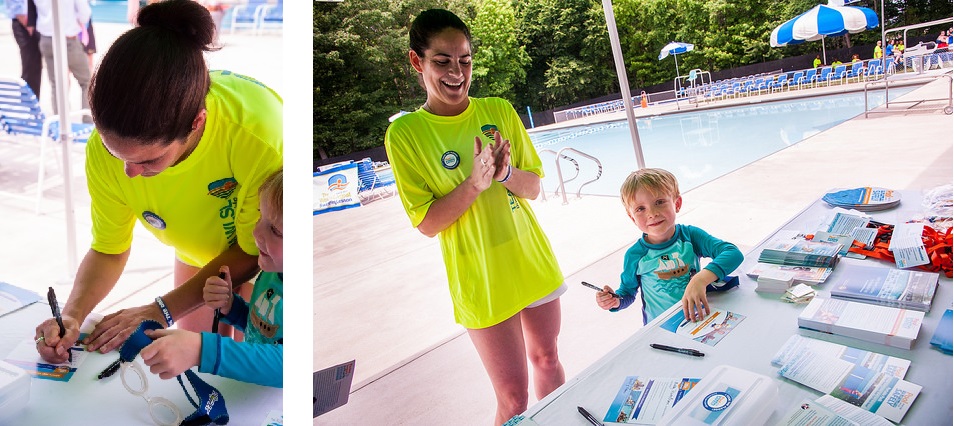 Maddy Crippen and her 4 year old son taking the Pool Safely Pledge