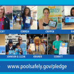 13 Olympians in front of there pool safely pledges