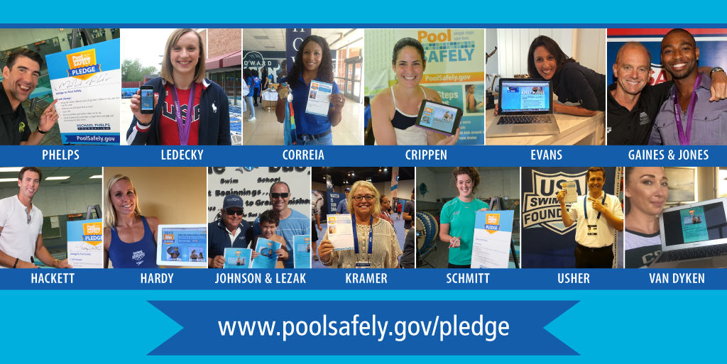 13 Olympians in front of there pool safely pledges
