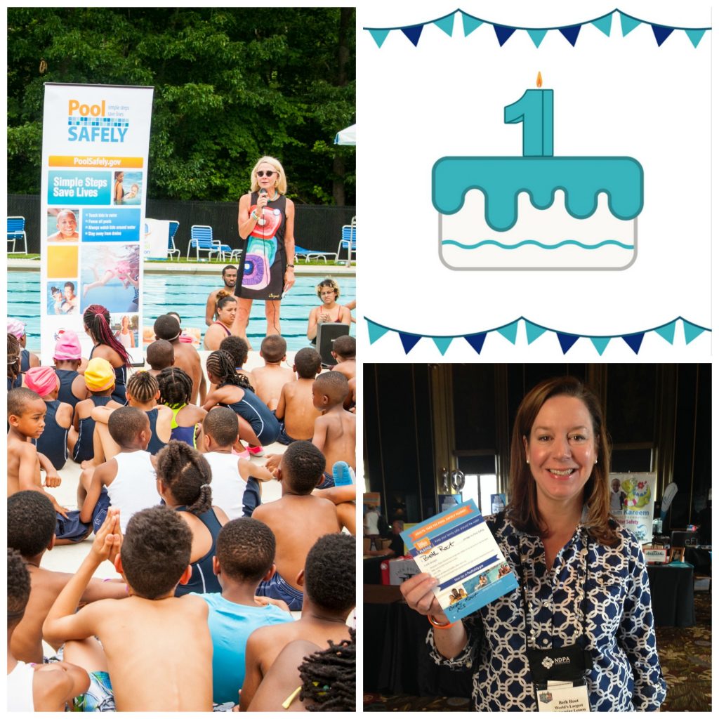 woman speaking to a group of kids by a pool and another woman holding her signed pledge.