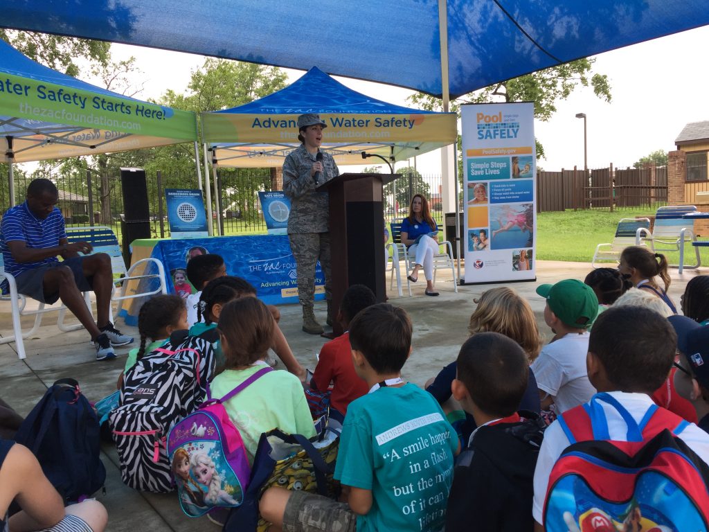 Major Jennifer Stewart speaks about water safety to ZAC Camp attendees at Joint Base Andrews