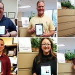 several photos of people holding ipads with signed pledges.