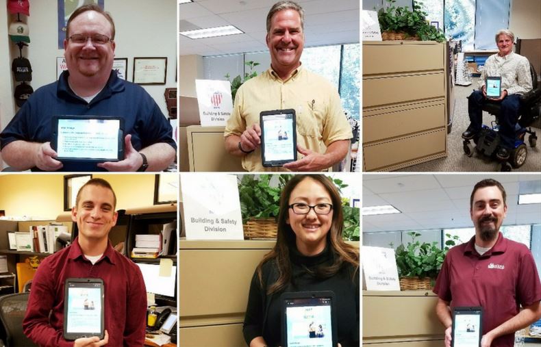 several photos of people holding ipads with signed pledges.