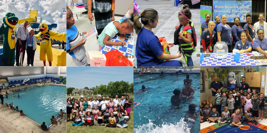photos of partners and children in and around a pool.