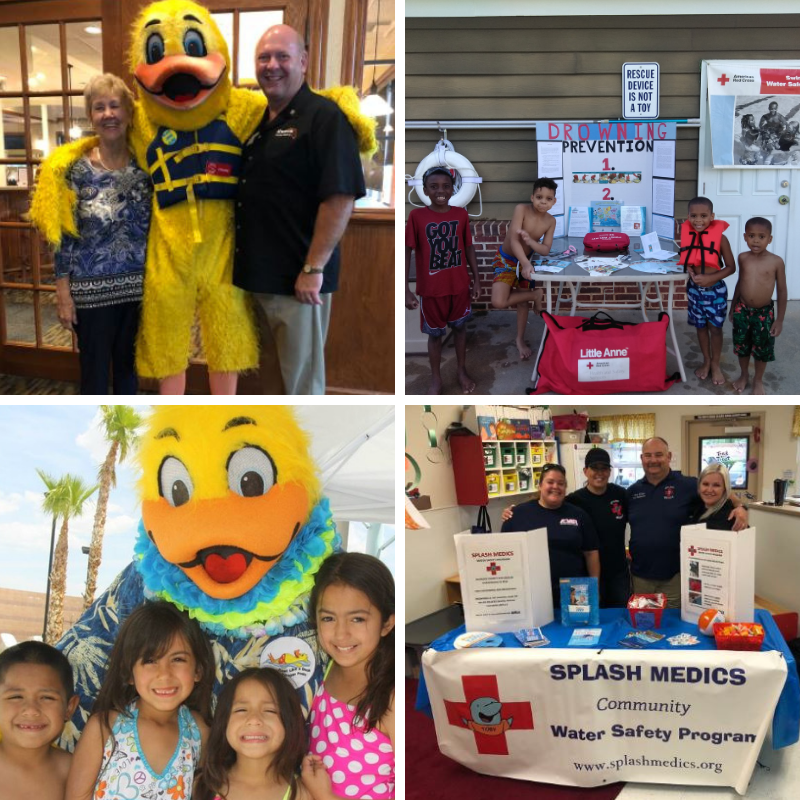 photos taken at partner events including adults and children with a duck character and at booths.