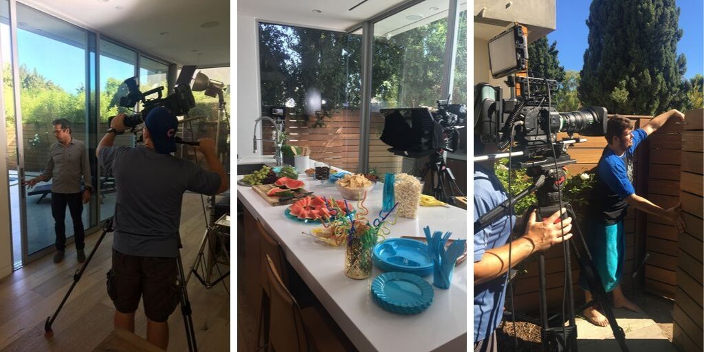 two different shots of a man holding a camera. food on a kitchen counter.