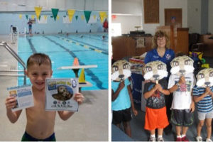 two side by side pictures of a child with an event flier and a group of children with otter masks.