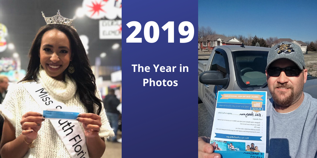 photo of a woman with a tiara and a picture of a man in front of a truck holding signed pledges.