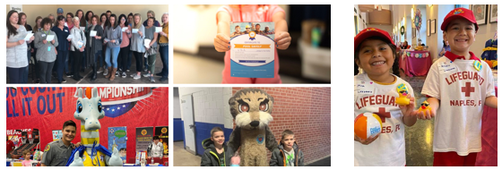 groups of adults, kids and mascots at community events.