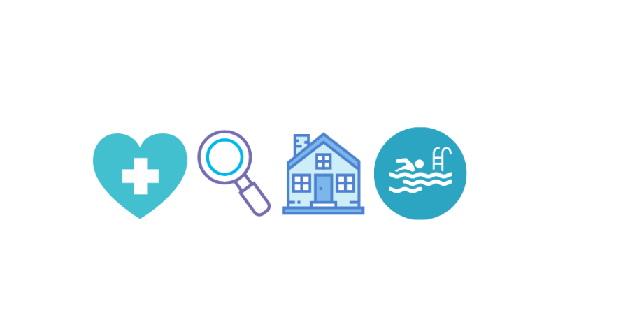 four symbols, a heart a magnifying glass, a house and a person swimming in a pool.