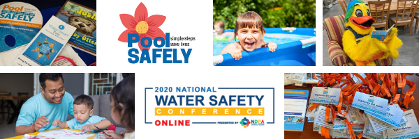 images of parents, kids, pool safely materials and a person in a duck costume.