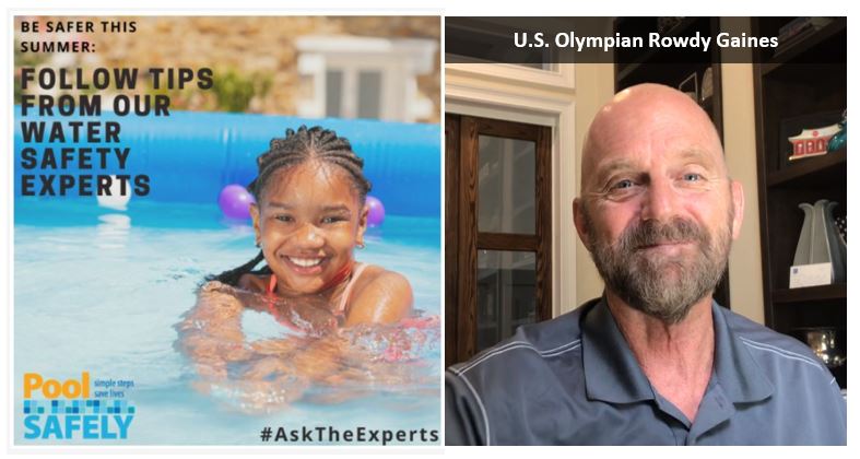 closeup of a young girl in an inflatable pool next to a man smiling to camera.