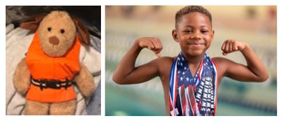 photo of a young boy making a muscle next to a close up of a stuffed animal wearing a life vest.