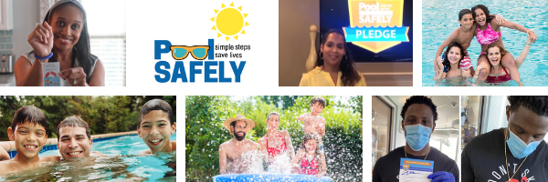 a collage of images of people including families in a pool and a man wearing a face mask.