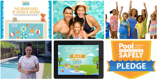 a collage of images including screenshots of the pool safely app and the water safety video with Tia.