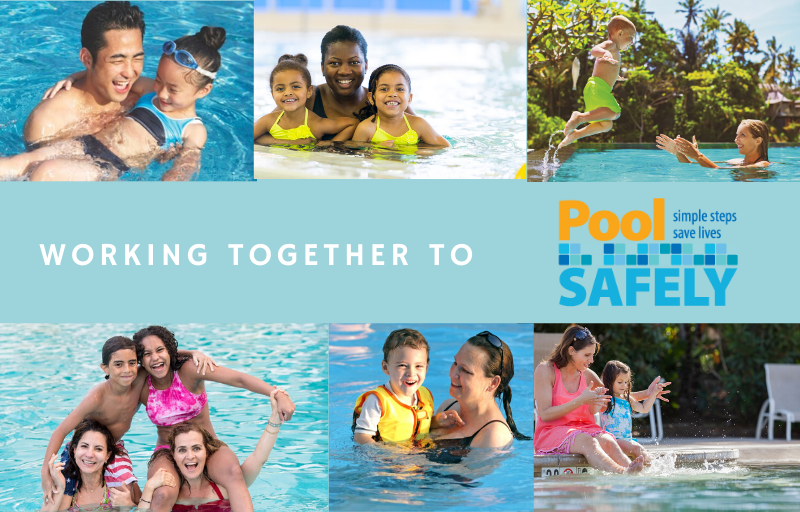 collage of images of adults and children in pools.