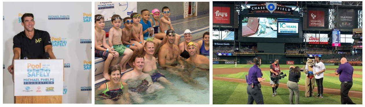 a man at a podium, a group of kids in a pool and a small group filming at a baseball field.