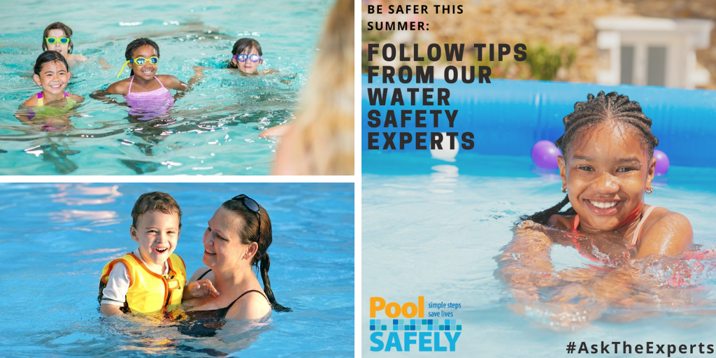 children and one adult in three different pools.